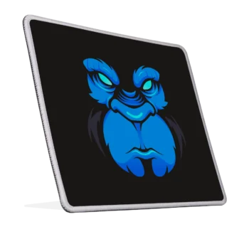 Muismat met Boze Gorilla ontwerp in blauw op zwarte achtgergrond, geroteerd naar rechts.