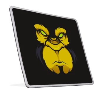 Muismat met Boze Gorilla ontwerp in geel op zwarte achtgergrond, geroteerd naar rechts.