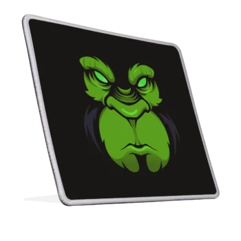 Muismat met Boze Gorilla ontwerp in groen op zwarte achtgergrond, geroteerd naar rechts.