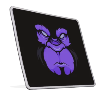 Muismat met Boze Gorilla ontwerp in paars op zwarte achtgergrond, geroteerd naar rechts.