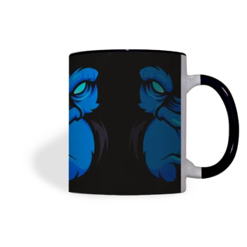 Keramische mok met zwarte print en Boze Gorilla in blauw, handvat rechts zichtbaar