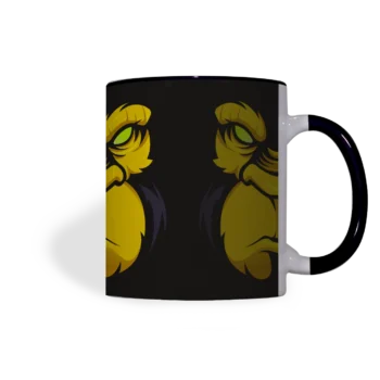 Keramische mok met zwarte print en Boze Gorilla in geel, handvat rechts zichtbaar