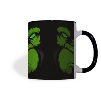 Keramische mok met zwarte print en Boze Gorilla in groen, handvat rechts zichtbaar