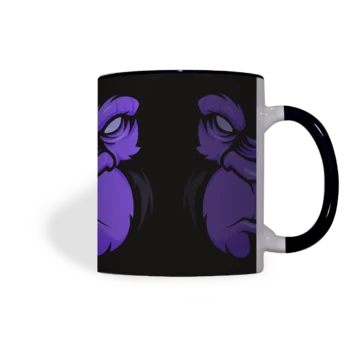 Keramische mok met zwarte print en Boze Gorilla in paars, handvat rechts zichtbaar