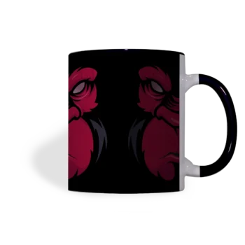 Keramische mok met zwarte print en Boze Gorilla in rood, handvat rechts zichtbaar