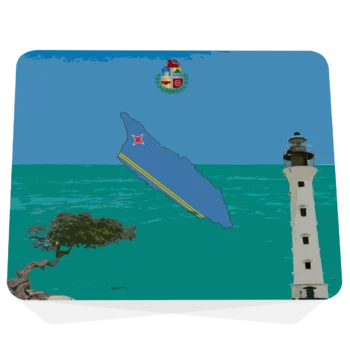Muismat met Aruba ontwerp: blauw eilandsilhouet in vlagkleuren, officieel wapen, Californië vuurtoren en divi-divi boom op turquoise en blauwe achtergrond. Vooraanzicht.