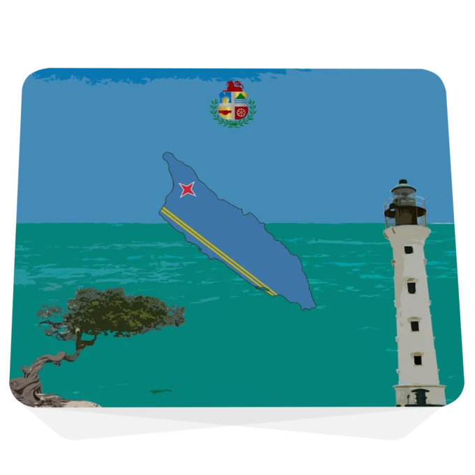 Muismat met Aruba ontwerp: blauw eilandsilhouet in vlagkleuren, officieel wapen, Californië vuurtoren en divi-divi boom op turquoise en blauwe achtergrond. Vooraanzicht.