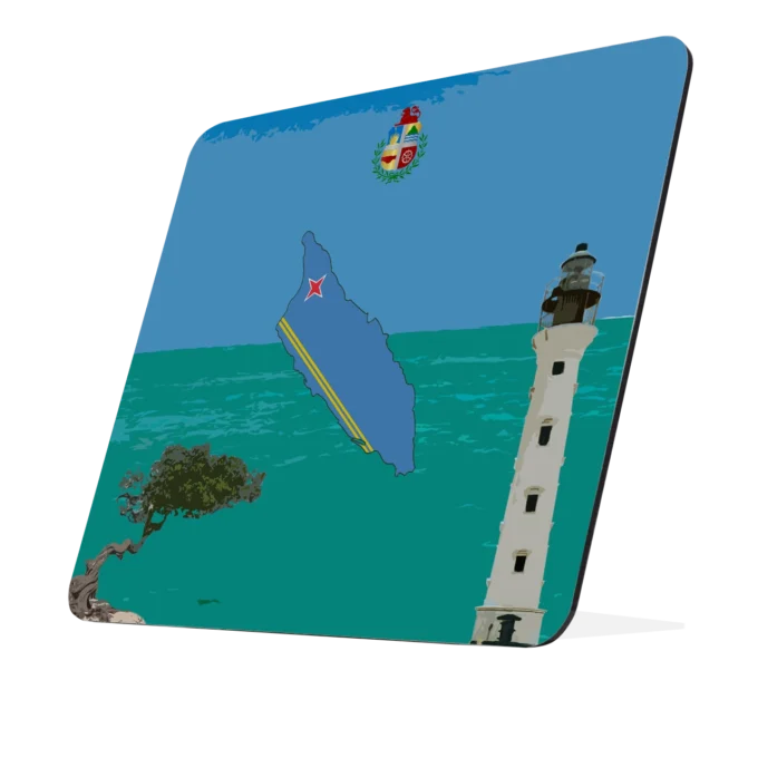 Muismat met Aruba ontwerp: blauw eilandsilhouet in vlagkleuren, officieel wapen, Californië vuurtoren en divi-divi boom op turquoise en blauwe achtergrond. Naar links gekanteld.