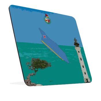 Muismat met Aruba ontwerp: blauw eilandsilhouet in vlagkleuren, officieel wapen, Californië vuurtoren en divi-divi boom op turquoise en blauwe achtergrond. Naar rechts gekanteld.
