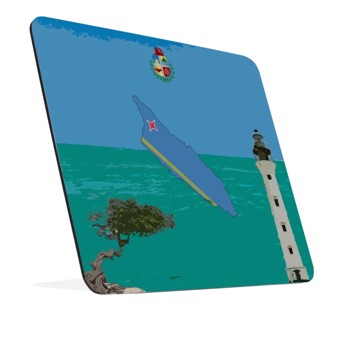 Muismat met Aruba ontwerp: blauw eilandsilhouet in vlagkleuren, officieel wapen, Californië vuurtoren en divi-divi boom op turquoise en blauwe achtergrond. Naar rechts gekanteld.