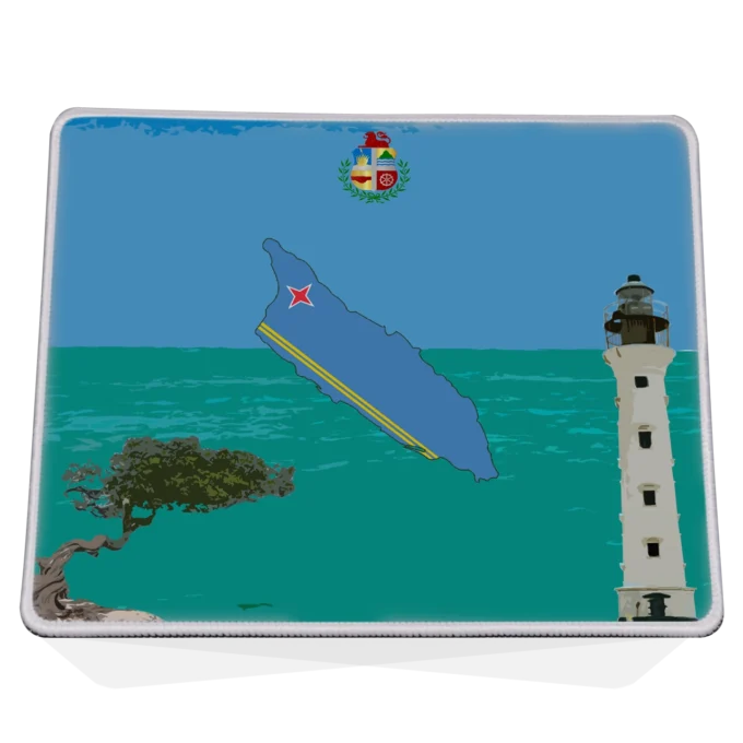 Muismat met gestikte rand en Aruba ontwerp: blauw eilandsilhouet in vlagkleuren, officieel wapen, Californië vuurtoren en divi-divi boom op turquoise en blauwe achtergrond Vooraanzicht.