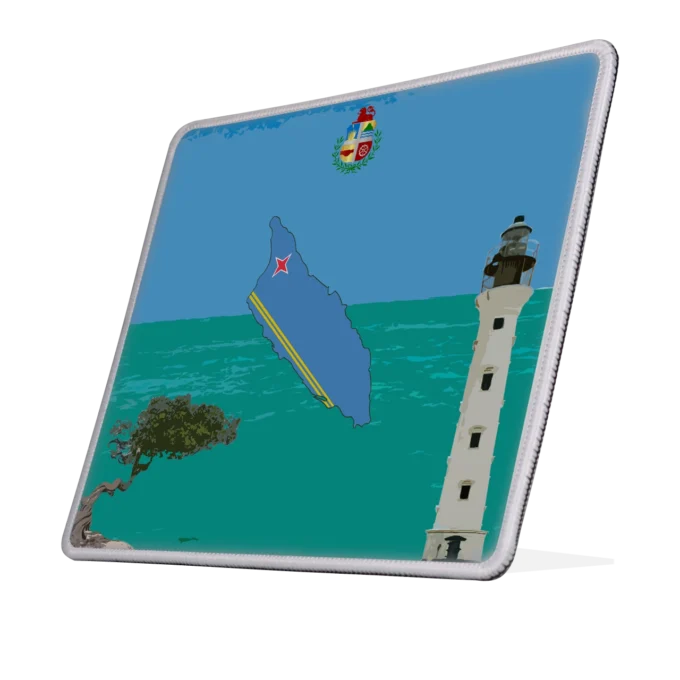 Muismat met Aruba ontwerp: blauw eilandsilhouet in vlagkleuren, officieel wapen, Californië vuurtoren en divi-divi boom op turquoise en blauwe achtergrond. Naar links gekanteld.