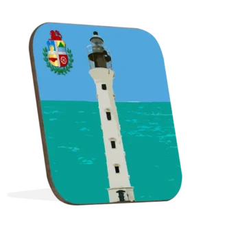 Vierkante hardhoute onderzetter met ronde hoeken. Met Aruba thema waarop in het midden de California lighthouse te zien is op turquoise zee en blauwe lucht achtergrond, en het wapen in de linker boven hoek.