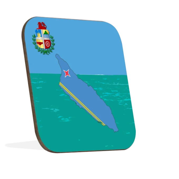Vierkante hardhoute onderzetter met ronde hoeken. Met Aruba thema waarop in het midden het silhouette van Aruba in de vlag kleuren te zien is op turquoise zee en blauwe lucht achtergrond, en het wapen in de linker boven hoek.