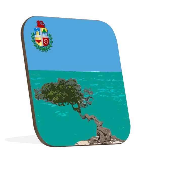 Vierkante hardhoute onderzetter met ronde hoeken. Met Aruba thema waarop karakteristieke divi-divi boom te zien is op turquoise zee en blauwe lucht achtergrond en het wapen in de linker boven hoek.