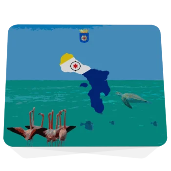 Muismat met Bonaire ontwerp: donkerblauw eilandsilhouet met gele streep en rode ster in vlagkleuren, officieel wapen, zeeschildpad en flamingo's op turquoise en blauwe achtergrond. Vooraanzicht.