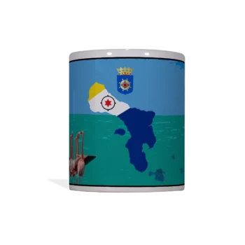 Vooraanzicht van witte keramische mok met Bonaire ontwerp: eilandsilhouet in vlagkleuren (blauw, wit, geel met rode ster), officieel wapen, zeeschildpad en flamingo's op turquoise en blauwe achtergrond