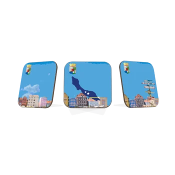 Hard houte onderzetter collectie (3 stuks) met ronde hoeken, met Curacao ontwerp thema waarop elke onderzetter het karakteristieke handelskade te zien is en waarbij de middelste het eiland silhouette met de vlag kleuren op een lucht blauwe achtergrond te zien is. ALle drie hebben het wapen in de linker boven hoek.