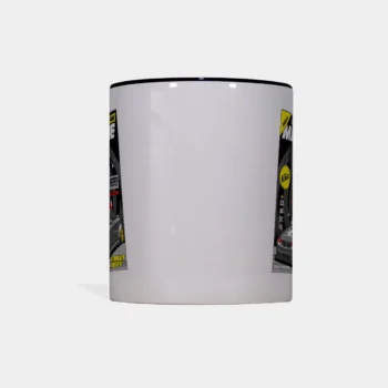 Witte keramische mok met zwarte rand, achterkant zichtbaar met JDM drift design.