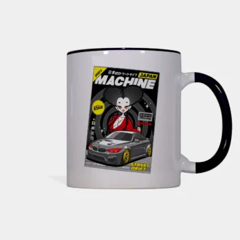 Witte keramische mok met zwart oor en zwarte rand, voorzijde met bold JDM graphic design in magazinestijl — geisha, gewidebodyte BMW en Japanse typografie in zwart, geel en rood.